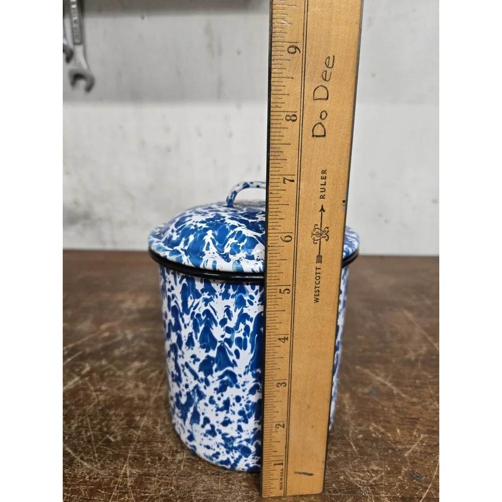 Vintage Blue White Splatter Enamelware Canister Set of 4 Lidded Nesting
